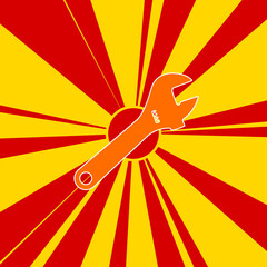 Adjustable wrench symbol on a background of red flash explosion radial lines. A large orange symbol is located in the center of the sunrise. Vector illustration on yellow background