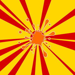 Blot symbol on a background of red flash explosion radial lines. The large orange symbol is located in the center of the sun, symbolizing the sunrise. Vector illustration on yellow background