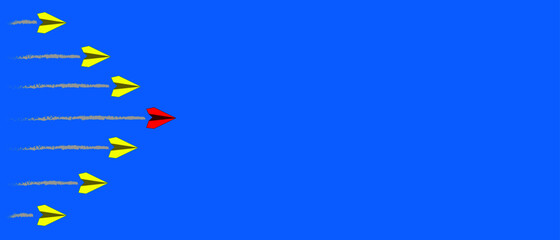 Leading red paper airplane and yellow paper airplanes. Business and leadership concept. Blue background. Vector Design eps 10.