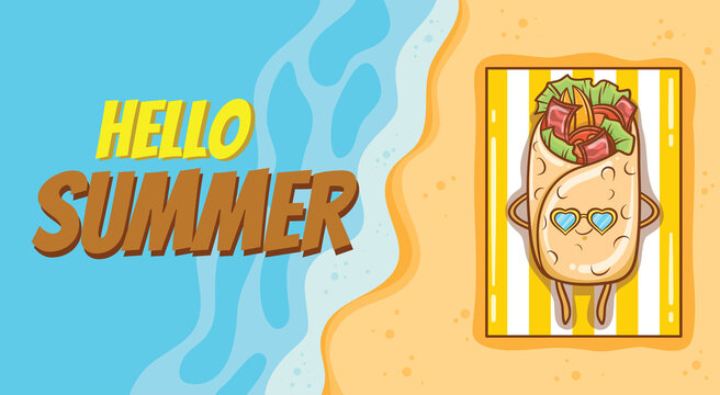 Cute kebab sunbathing on the beach with a summer greeting banner