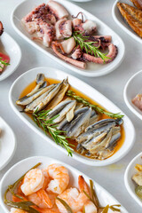Set of Seafood Dishes. Seafood on a plate. On a white wooden background. Selective focus marinated anchovy. Lakerda, octopus salad, shrimp, fish salad