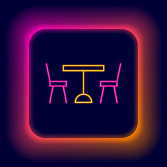 Glowing neon line Picnic table with chairs on either side of the table icon isolated on black background. Colorful outline concept. Vector