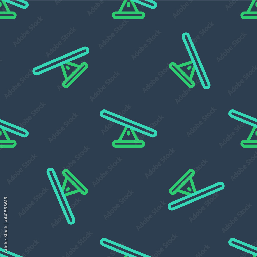 Poster line seesaw icon isolated seamless pattern on blue background. teeter equal board. playground symbol