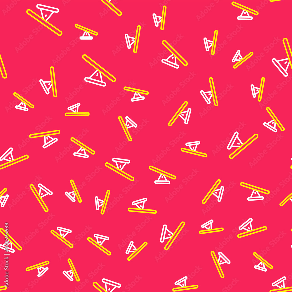 Poster line seesaw icon isolated seamless pattern on red background. teeter equal board. playground symbol.