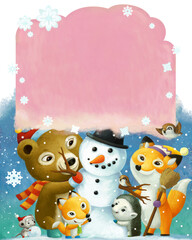 cartoon forest animals friends with snowman illustration