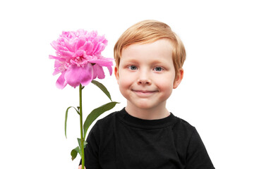 Cute stylish boyfriend hold in hands pink peony flower, isolated on white background. Copy space for text. Greetings concept. Congratulating with womans, mothers day, anniversary, birthday.