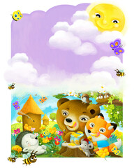 cartoon animals eating honey near hive illustration