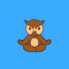 Cute owl is meditating or doing yoga. Animal cartoon concept isolated. Can used for t-shirt, greeting card, invitation card or mascot. Flat Cartoon Style