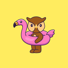 Cute owl With flamingo buoy. Animal cartoon concept isolated. Can used for t-shirt, greeting card, invitation card or mascot. Flat Cartoon Style