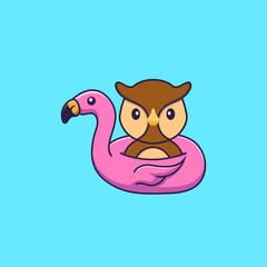 Cute owl With flamingo buoy. Animal cartoon concept isolated. Can used for t-shirt, greeting card, invitation card or mascot. Flat Cartoon Style