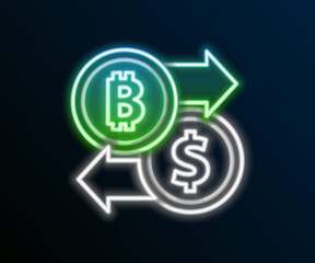 Glowing neon line Cryptocurrency exchange icon isolated on black background. Bitcoin to dollar exchange icon. Cryptocurrency technology, mobile banking. Colorful outline concept. Vector
