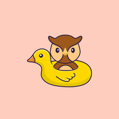 Cute owl With Duck buoy. Animal cartoon concept isolated. Can used for t-shirt, greeting card, invitation card or mascot. Flat Cartoon Style