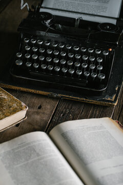 Vintage typewriter on wooden table