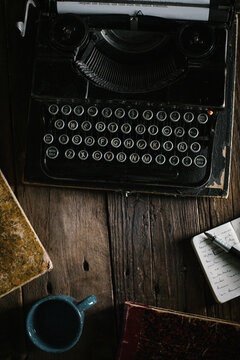 Vintage typewriter on wooden table