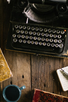 Vintage typewriter on wooden table