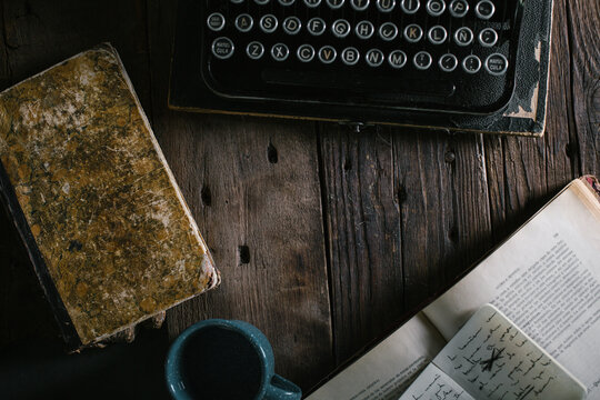 Vintage typewriter on wooden table