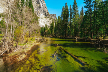 View of the mountain landscape and the river between the mountains in Yosemite National Park