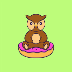 Cute owl is sitting on donuts. Animal cartoon concept isolated. Can used for t-shirt, greeting card, invitation card or mascot. Flat Cartoon Style