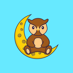 Cute owl is sitting on the moon. Animal cartoon concept isolated. Can used for t-shirt, greeting card, invitation card or mascot. Flat Cartoon Style