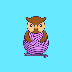 Cute owl playing with wool yarn. Animal cartoon concept isolated. Can used for t-shirt, greeting card, invitation card or mascot. Flat Cartoon Style
