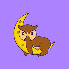 Cute owl is on the moon. Animal cartoon concept isolated. Can used for t-shirt, greeting card, invitation card or mascot. Flat Cartoon Style