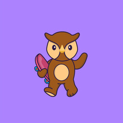 Cute owl holding a skateboard. Animal cartoon concept isolated. Can used for t-shirt, greeting card, invitation card or mascot. Flat Cartoon Style