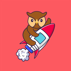 Cute owl flying on rocket. Animal cartoon concept isolated. Can used for t-shirt, greeting card, invitation card or mascot. Flat Cartoon Style