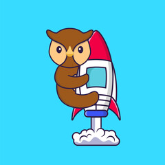 Cute owl flying on rocket. Animal cartoon concept isolated. Can used for t-shirt, greeting card, invitation card or mascot. Flat Cartoon Style