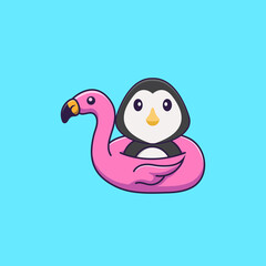 Cute penguin With flamingo buoy. Animal cartoon concept isolated. Can used for t-shirt, greeting card, invitation card or mascot. Flat Cartoon Style