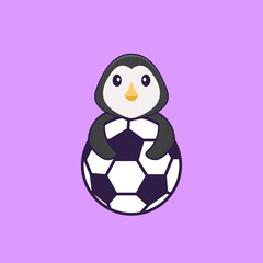 Cute penguin playing soccer. Animal cartoon concept isolated. Can used for t-shirt, greeting card, invitation card or mascot. Flat Cartoon Style