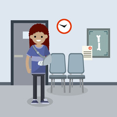 Woman with broken arm at doctor appointment in the hospital. Providing medical care. Trauma patient girl. Office with x-ray. Hand in bandage. Cartoon flat illustration