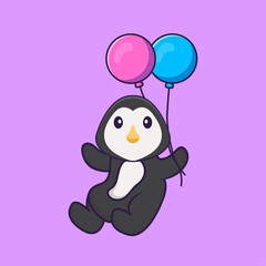 Cute penguin flying with two balloons. Animal cartoon concept isolated. Can used for t-shirt, greeting card, invitation card or mascot. Flat Cartoon Style