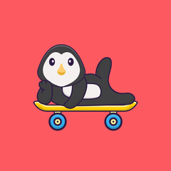 Cute penguin lying on a skateboard. Animal cartoon concept isolated. Can used for t-shirt, greeting card, invitation card or mascot. Flat Cartoon Style