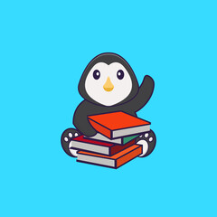 Cute penguin reading a book. Animal cartoon concept isolated. Can used for t-shirt, greeting card, invitation card or mascot. flat cartoon style