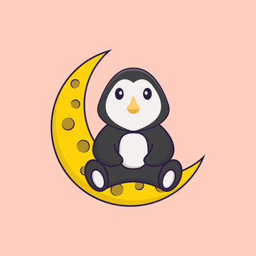 Cute penguin is sitting on the moon. Animal cartoon concept isolated. Can used for t-shirt, greeting card, invitation card or mascot. Flat Cartoon Style