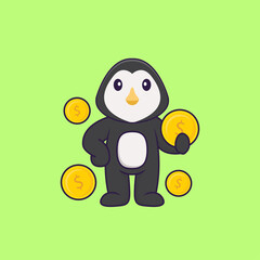 Cute penguin holding coin. Animal cartoon concept isolated. Can used for t-shirt, greeting card, invitation card or mascot. Flat Cartoon Style
