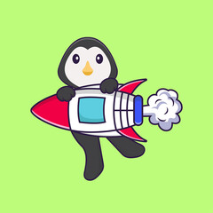 Cute penguin flying on rocket. Animal cartoon concept isolated. Can used for t-shirt, greeting card, invitation card or mascot. Flat Cartoon Style