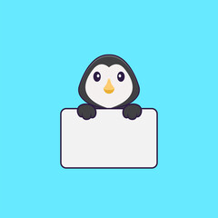 Cute penguin holding whiteboard. Animal cartoon concept isolated. Can used for t-shirt, greeting card, invitation card or mascot. Flat Cartoon Style