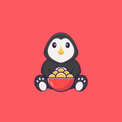 Cute penguin eating ramen noodles. Animal cartoon concept isolated. Can used for t-shirt, greeting card, invitation card or mascot. Flat Cartoon Style