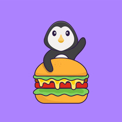 Cute penguin eating burger. Animal cartoon concept isolated. Can used for t-shirt, greeting card, invitation card or mascot. Flat Cartoon Style