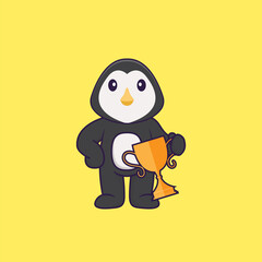 Cute penguin holding gold trophy. Animal cartoon concept isolated. Can used for t-shirt, greeting card, invitation card or mascot. Flat Cartoon Style