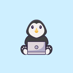 Cute penguin using laptop. Animal cartoon concept isolated. Can used for t-shirt, greeting card, invitation card or mascot. Flat Cartoon Style