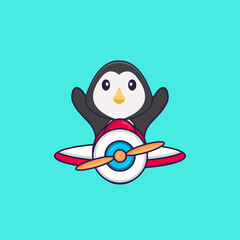 Cute penguin flying on a plane. Animal cartoon concept isolated. Can used for t-shirt, greeting card, invitation card or mascot. Flat Cartoon Style