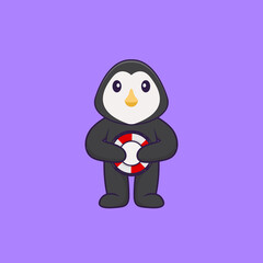 Cute penguin holding a buoy. Animal cartoon concept isolated. Can used for t-shirt, greeting card, invitation card or mascot. Flat Cartoon Style