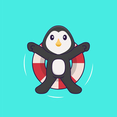 Cute penguin is Swimming with a buoy. Animal cartoon concept isolated. Can used for t-shirt, greeting card, invitation card or mascot. Flat Cartoon Style
