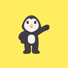 Cute penguin hero. Animal cartoon concept isolated. Can used for t-shirt, greeting card, invitation card or mascot. Flat Cartoon Style