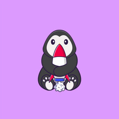 Cute penguin holding a rocket. Animal cartoon concept isolated. Can used for t-shirt, greeting card, invitation card or mascot. Flat Cartoon Style