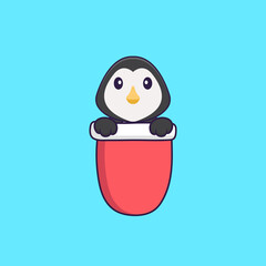 Cute penguin in red pocket. Animal cartoon concept isolated. Can used for t-shirt, greeting card, invitation card or mascot. Flat Cartoon Style