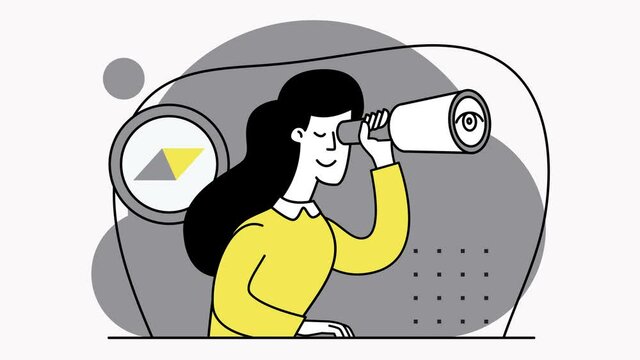 Businesswoman looking into a telescope. Definition, search of directions of business development. Spyglass. Digital Solutions Business Analytics and Planning. Modern Flat style. Modern 2d animation.