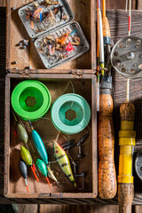 Old fishing tackle with floats and hooks. Fishing preparation